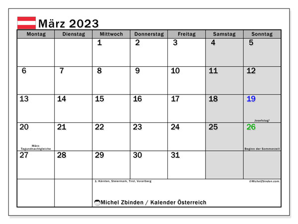 Calendrier mars 2023, Autriche (DE), prêt à imprimer et gratuit.