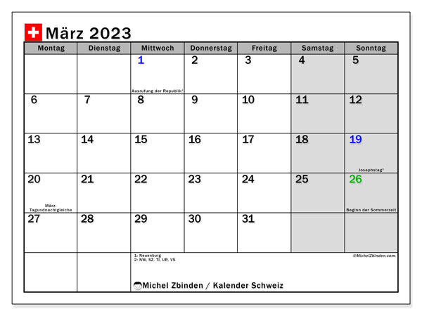 Calendrier mars 2023, Suisse (DE), prêt à imprimer et gratuit.
