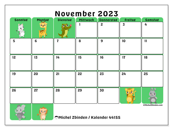 Kalender November 2023 “441”. Plan zum Ausdrucken kostenlos.. Sonntag bis Samstag