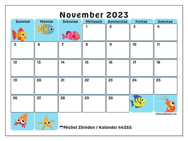 Kalender November 2023 “442”. Plan zum Ausdrucken kostenlos.. Sonntag bis Samstag