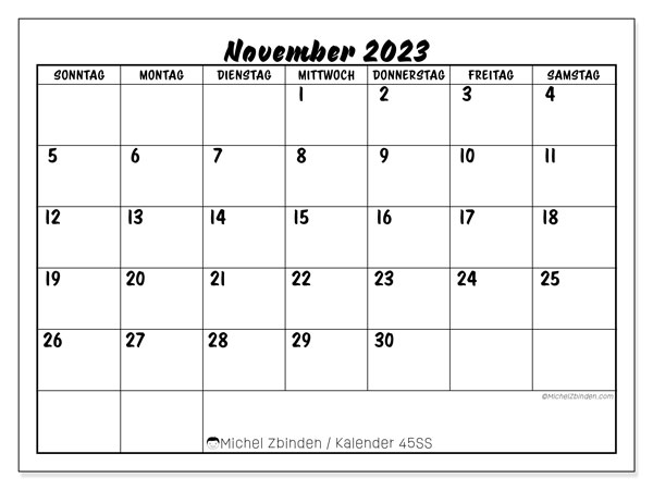 Kalender November 2023 “45”. Kalender zum Ausdrucken kostenlos.. Sonntag bis Samstag