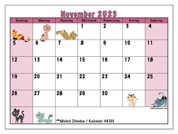 Kalender November 2023 “481”. Plan zum Ausdrucken kostenlos.. Sonntag bis Samstag