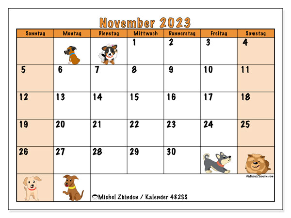 Kalender November 2023 “482”. Plan zum Ausdrucken kostenlos.. Sonntag bis Samstag
