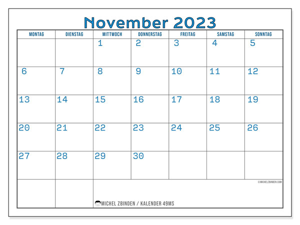 Kalender November 2023 “49”. Plan zum Ausdrucken kostenlos.. Montag bis Sonntag