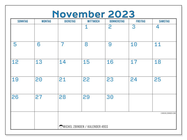 Kalender November 2023 “49”. Plan zum Ausdrucken kostenlos.. Sonntag bis Samstag