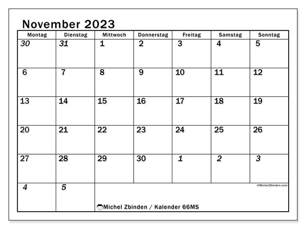 Kalender November 2023 “501”. Programm zum Ausdrucken kostenlos.. Montag bis Sonntag