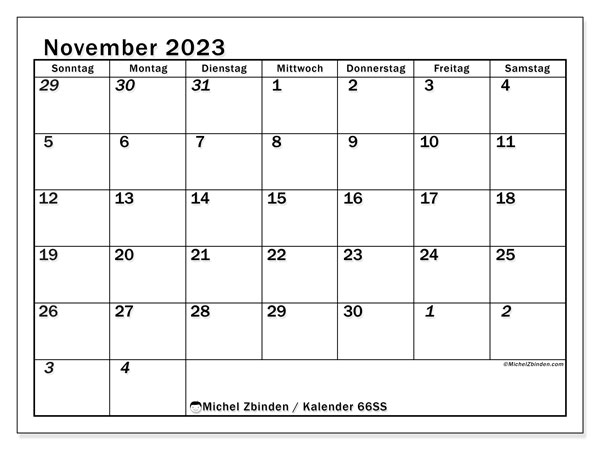 Kalender November 2023 “501”. Programm zum Ausdrucken kostenlos.. Sonntag bis Samstag