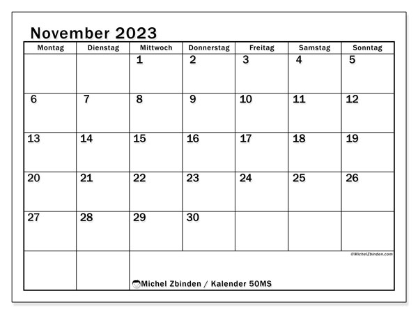 Kalender November 2023 “50”. Programm zum Ausdrucken kostenlos.. Montag bis Sonntag