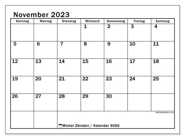 Kalender November 2023, 50SS. Plan zum Ausdrucken kostenlos.