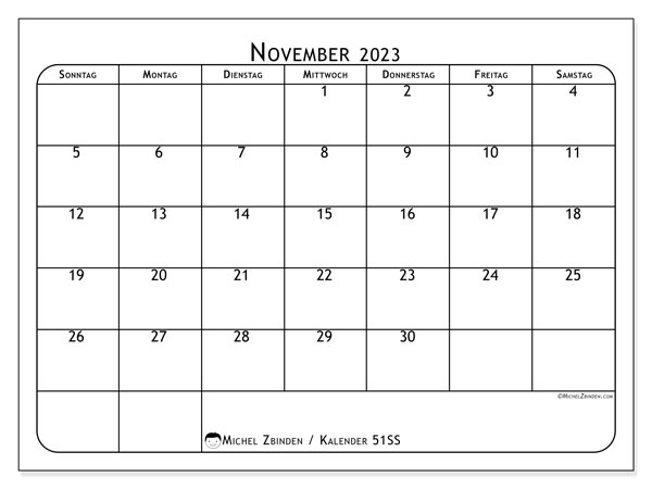 Kalender November 2023 “51”. Plan zum Ausdrucken kostenlos.. Sonntag bis Samstag