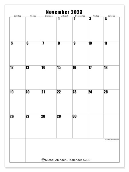 Kalender November 2023 “52”. Kalender zum Ausdrucken kostenlos.. Sonntag bis Samstag