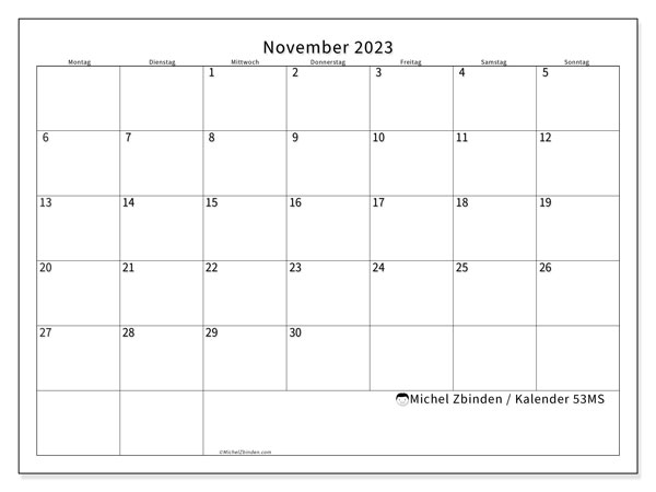Kalender November 2023, 53MS. Programm zum Ausdrucken kostenlos.
