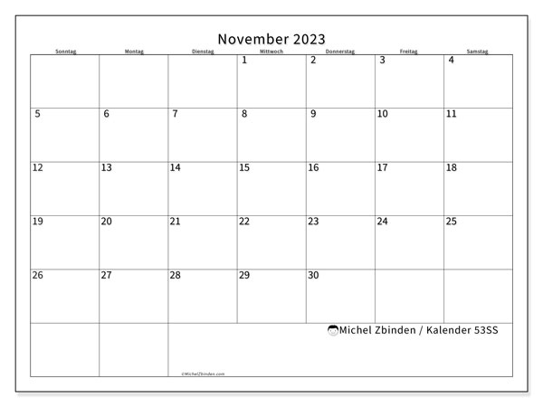 Kalender November 2023 “53”. Programm zum Ausdrucken kostenlos.. Sonntag bis Samstag