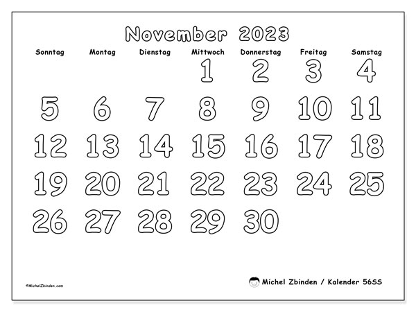 Kalender November 2023 “56”. Plan zum Ausdrucken kostenlos.. Sonntag bis Samstag