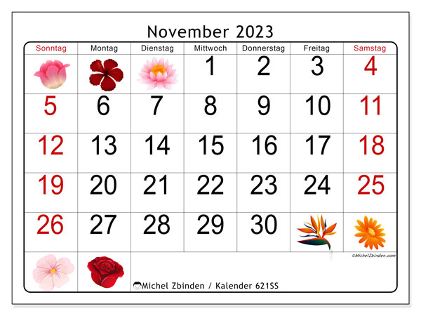 Kalender November 2023 “621”. Kalender zum Ausdrucken kostenlos.. Sonntag bis Samstag