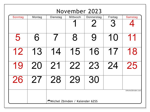Kalender November 2023 “62”. Programm zum Ausdrucken kostenlos.. Sonntag bis Samstag