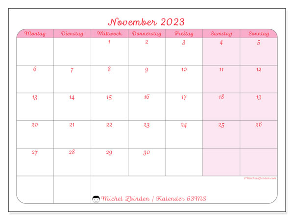 Kalender November 2023 zum ausdrucken. Monatskalender “63MS” und kostenloser Planung zum ausdrucken