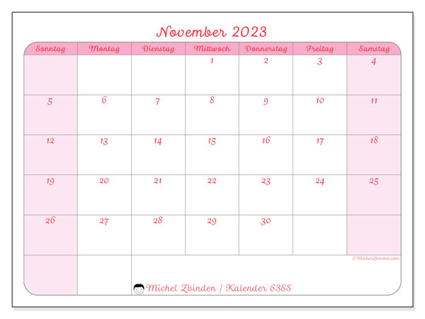 Kalender November 2023 “63”. Kalender zum Ausdrucken kostenlos.. Sonntag bis Samstag