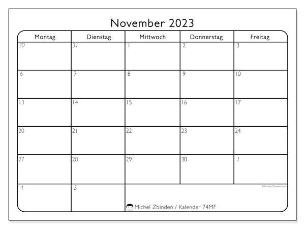 Kalender November 2023 “74”. Plan zum Ausdrucken kostenlos.. Montag bis Freitag