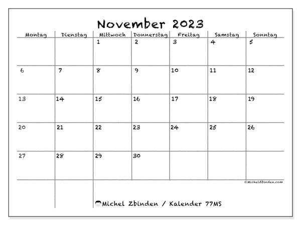 Kalender November 2023 “77”. Plan zum Ausdrucken kostenlos.. Montag bis Sonntag