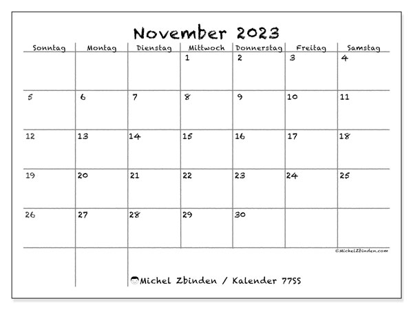 Kalender November 2023 “77”. Plan zum Ausdrucken kostenlos.. Sonntag bis Samstag