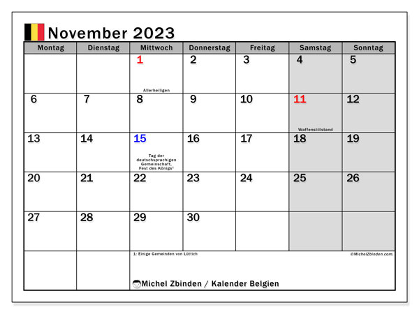 Belgien, Kalender November 2023, zum Ausdrucken, kostenlos.