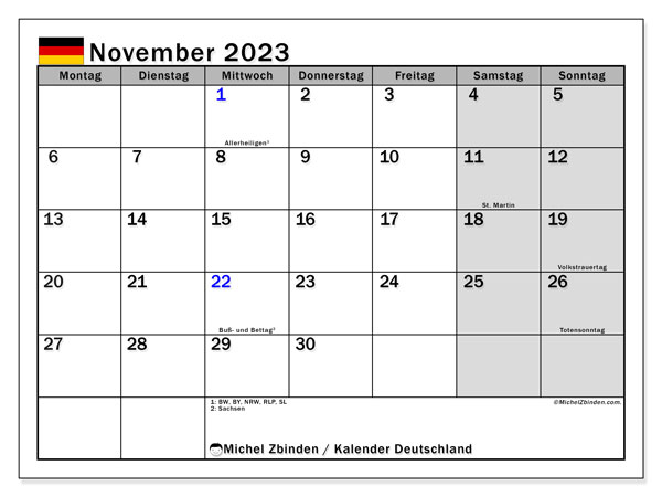 Calendario novembre 2023, Germania (DE). Piano da stampare gratuito.