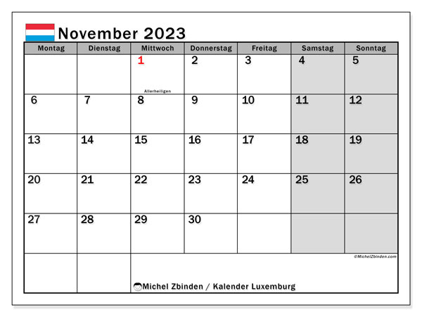 Calendrier novembre 2023, Luxemburg (DE), prêt à imprimer et gratuit.