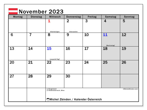 Calendário Novembro 2023, Áustria (DE). Jornal gratuito para impressão.