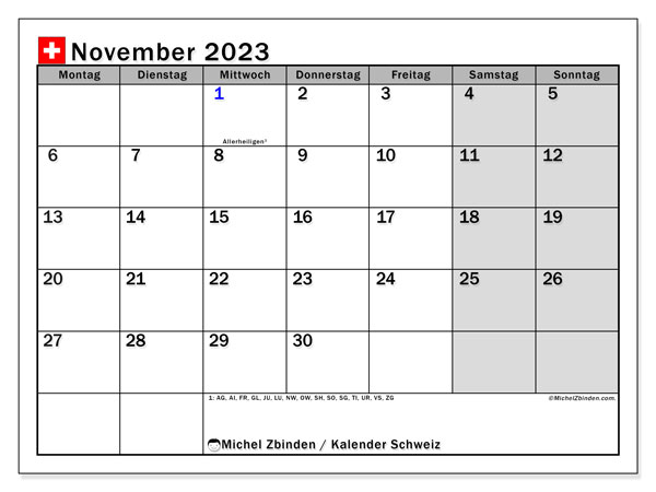 Schweiz, Kalender November 2023, zum Ausdrucken, kostenlos.