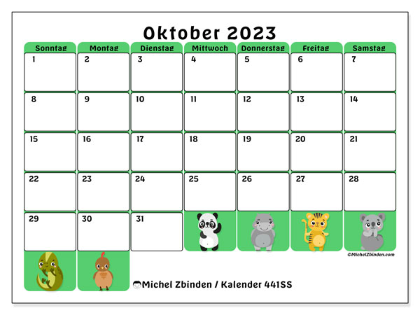 Kalender Oktober 2023 “441”. Programm zum Ausdrucken kostenlos.. Sonntag bis Samstag