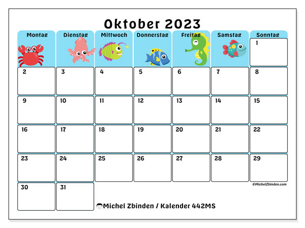 Kalender Oktober 2023 “442”. Plan zum Ausdrucken kostenlos.. Montag bis Sonntag