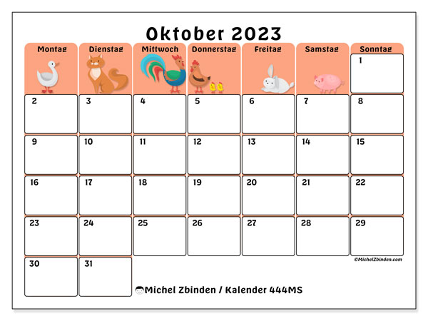 Kalender Oktober 2023 “444”. Programm zum Ausdrucken kostenlos.. Montag bis Sonntag