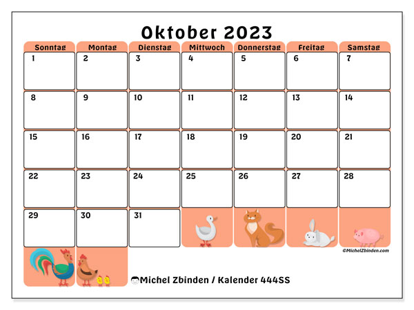 Kalender Oktober 2023 “444”. Plan zum Ausdrucken kostenlos.. Sonntag bis Samstag