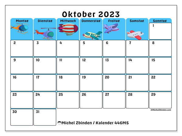Kalender Oktober 2023 “446”. Programm zum Ausdrucken kostenlos.. Montag bis Sonntag