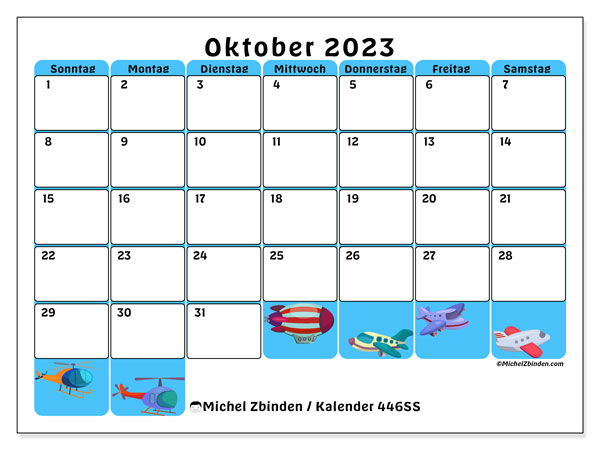 Kalender Oktober 2023 “446”. Programm zum Ausdrucken kostenlos.. Sonntag bis Samstag