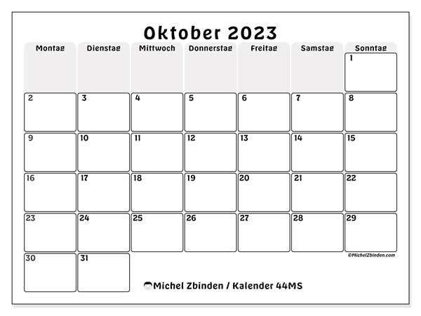 Kalender Oktober 2023 “44”. Programm zum Ausdrucken kostenlos.. Montag bis Sonntag