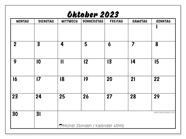 Kalender Oktober 2023 “45”. Programm zum Ausdrucken kostenlos.. Montag bis Sonntag