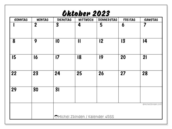 Kalender Oktober 2023 “45”. Kalender zum Ausdrucken kostenlos.. Sonntag bis Samstag