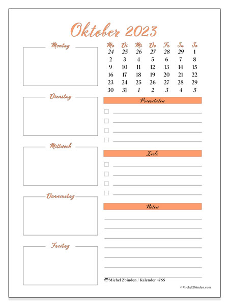 47MS-Kalender, Oktober 2023, zum Ausdrucken, kostenlos. Stundenplan zum kostenlos ausdrucken