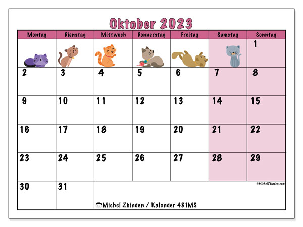 Kalender Oktober 2023 “481”. Plan zum Ausdrucken kostenlos.. Montag bis Sonntag