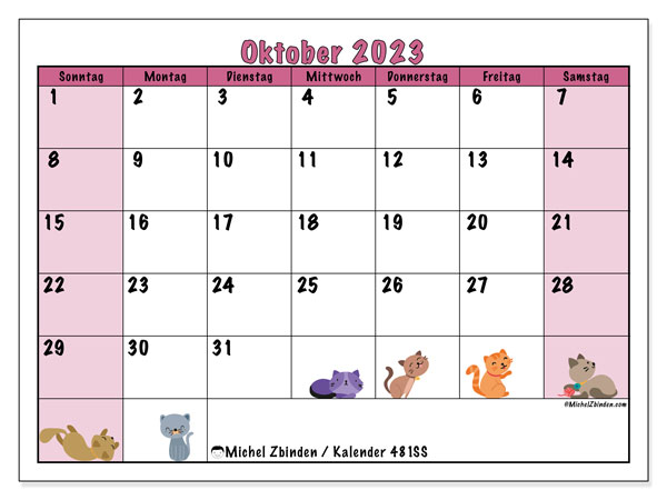 Kalender Oktober 2023 “481”. Programm zum Ausdrucken kostenlos.. Sonntag bis Samstag