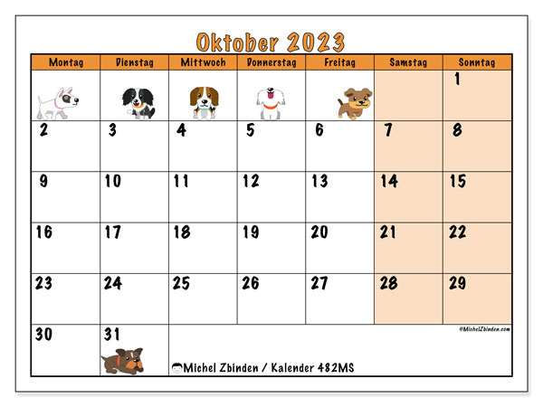 Kalender Oktober 2023 “482”. Plan zum Ausdrucken kostenlos.. Montag bis Sonntag
