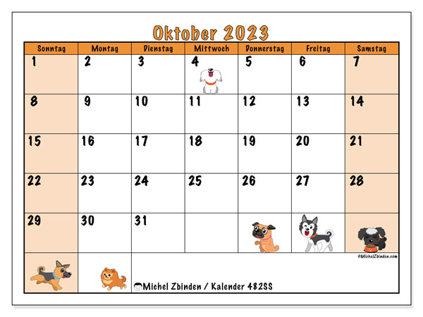 Kalender Oktober 2023 “482”. Programm zum Ausdrucken kostenlos.. Sonntag bis Samstag