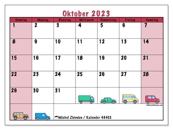 Kalender Oktober 2023 “484”. Kalender zum Ausdrucken kostenlos.. Sonntag bis Samstag