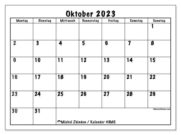 Kalender Oktober 2023 “48”. Programm zum Ausdrucken kostenlos.. Montag bis Sonntag