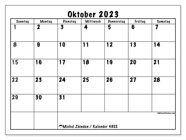 Kalender Oktober 2023 “48”. Plan zum Ausdrucken kostenlos.. Sonntag bis Samstag