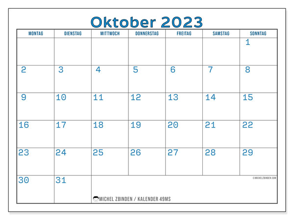 49MS-Kalender, Oktober 2023, zum Ausdrucken, kostenlos. Kostenloser druckbarer Planer
