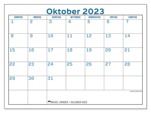 Kalender Oktober 2023 “49”. Programm zum Ausdrucken kostenlos.. Sonntag bis Samstag