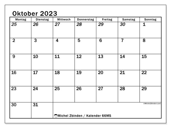 Kalender zum Ausdrucken, Oktober 2023, 501MS